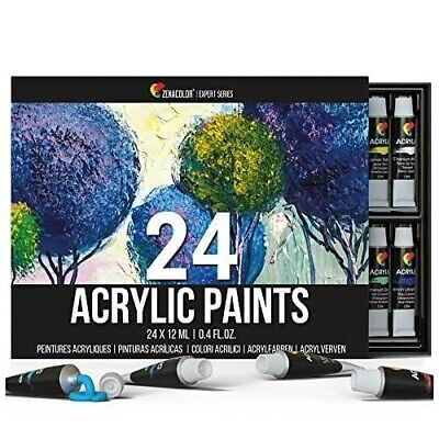 Zenacolor 24 Acrylic Paint Set 12ml Tubes (0.4 oz) - Set of Paints for Canvas